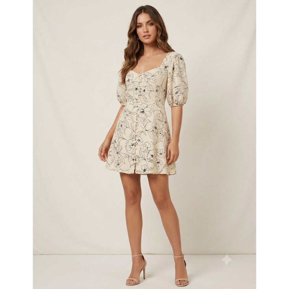 LUSH Linen Floral Babydoll Mini Dress S Cream Sweetheart Puff Sleeve Milkmaid
